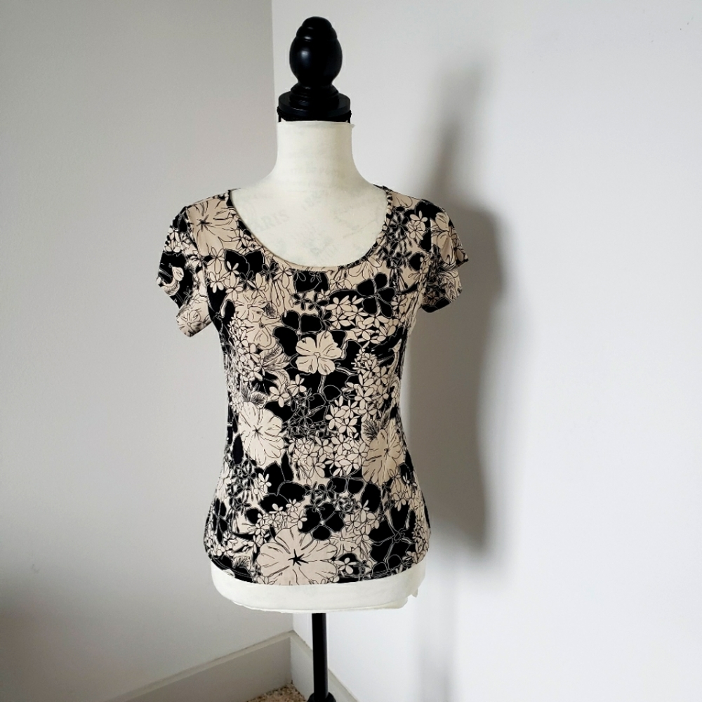 Apostrophe floral black/beige stretch top small - Picture 1 of 8